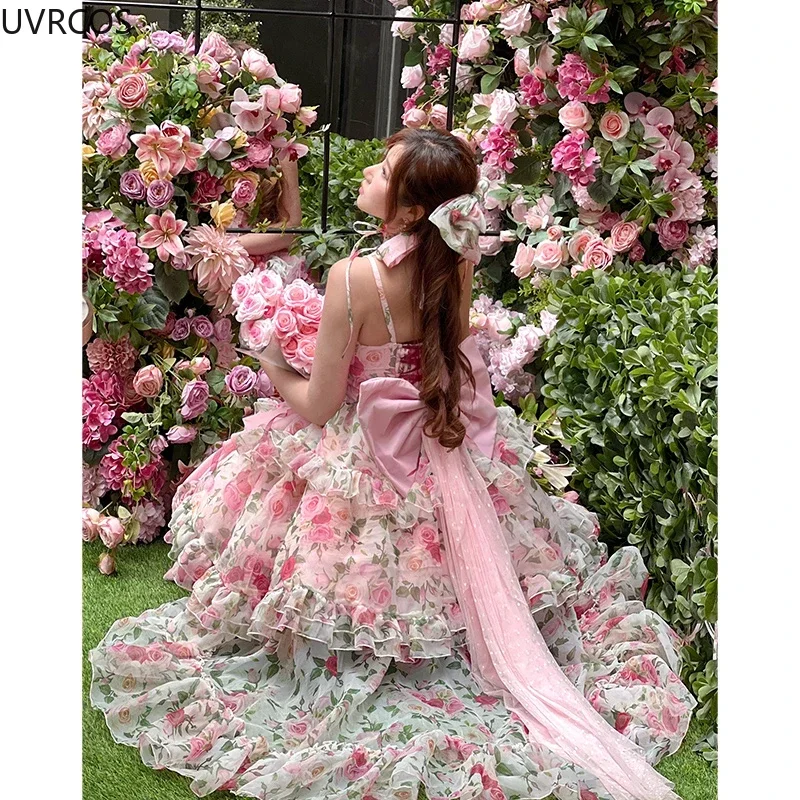 Japanese Harajuku lolita dress women fashion pink flower bow kawaii JSK dresses girls elegant chiffon backless Korean sexy dress