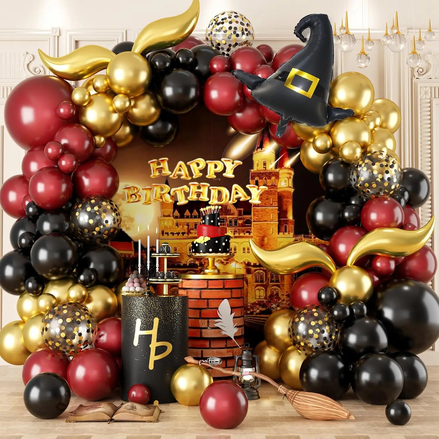 Magisches Zauberer-Schul-Ballon-Girlanden-Bogen-Set, Burgunderrot-Schwarz-Goldener Bogen mit Zaubererhut für Magische Zauberer-Themen-Geburtstagsdekoration – Detail 1