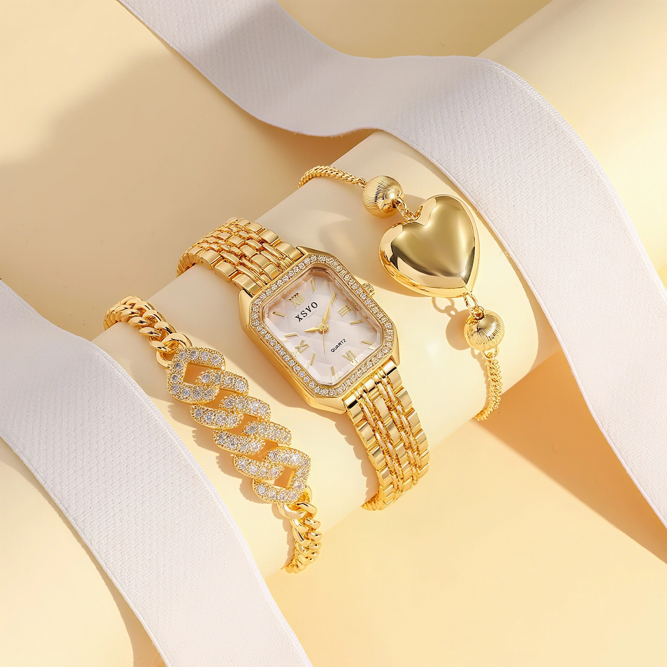 

Fashion Light Luxury Diamond Small Square Dial Alloy Strap Women's Quartz Watch Love Diamond Bracelet Set of 3, Suitable for Dai