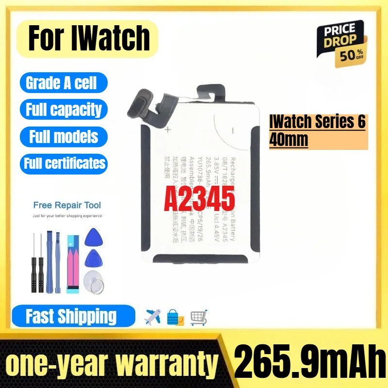 

A2345 for IWatch Series 6 40mm Watch Battery 0 Cycle High Quality High Capacity Replacement Bateria Grade A Cell with Tools
