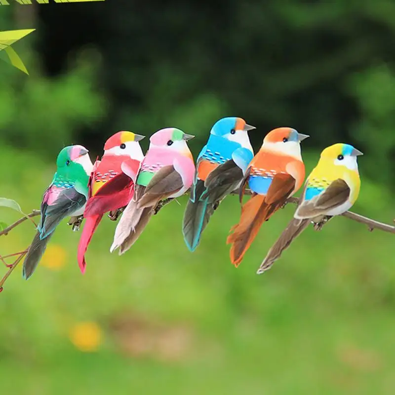 Pequeños pájaros de espuma para manualidades, juego de adornos de pájaros simulados, pequeños pájaros decorativos de plumas coloridas, artesanías, ayudante de jardinería, 6 uds.