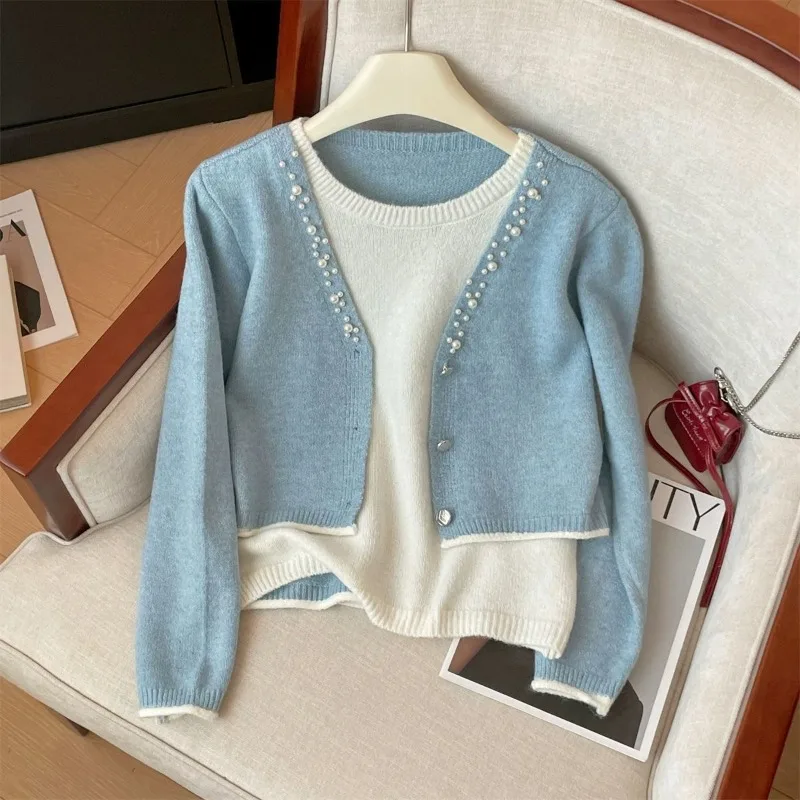 

Autumn Winter Heavy Industry Beading Fake Two-piece Pullover Sweater Women Long Sleeve Temperament Knitwear Sweater Tops Ladies