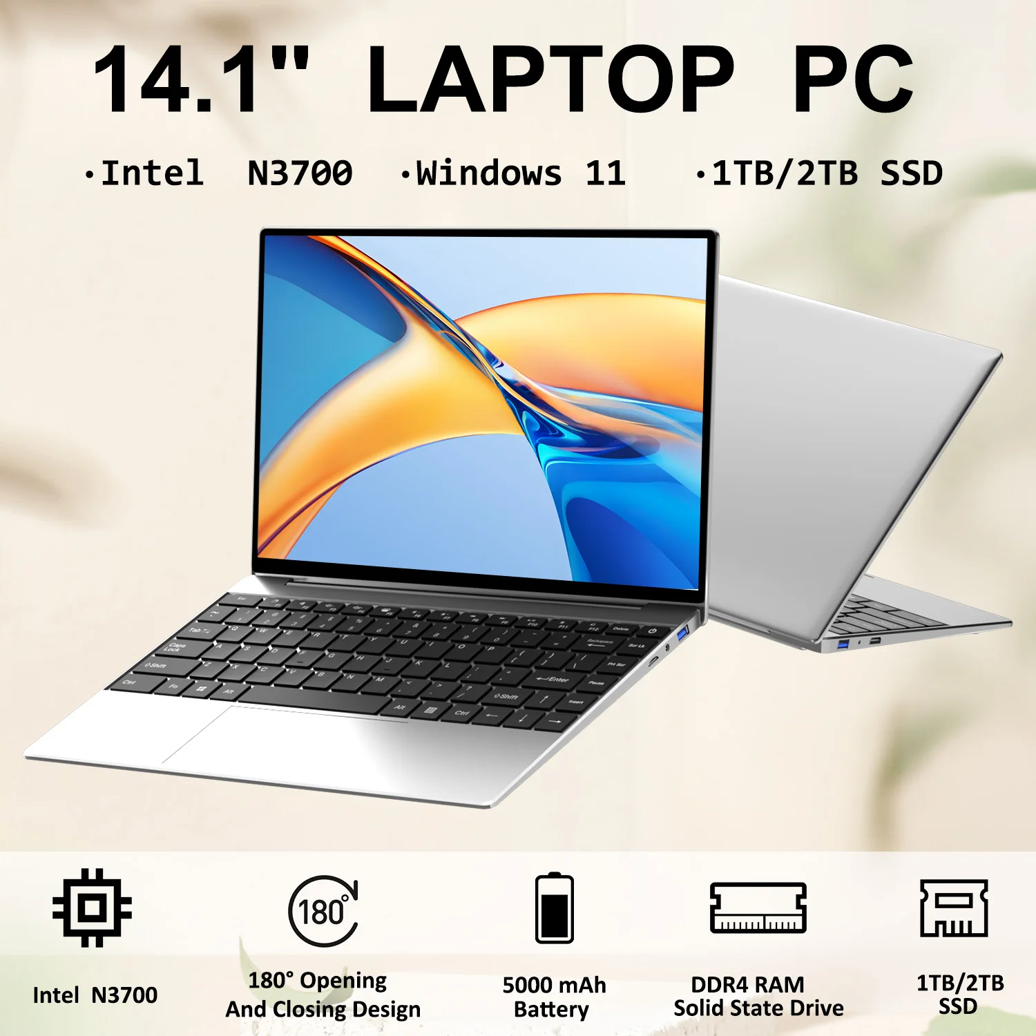 

14.1" Ultra Slim Notebook 16GB RAM 2TB SSD Intel N3700 Gaming Laptop 1920*1080 Display Office Study Computer PC Windows 11 Pro
