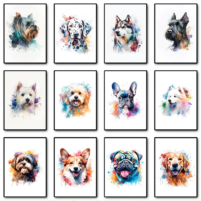 Watercolor Dogs French Bulldog Dalmatian Samoyed Cute Pet Poster Print Canvas Painting Animal Wall Art Living Room Home Decor