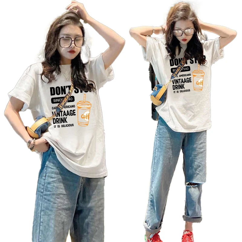 2023 Summer New Pure Cotton Short sleeve T-shirt Women Mid-Length Loose Top 00.25kg Sleeves Plus size Bottoming Shirt Fashion