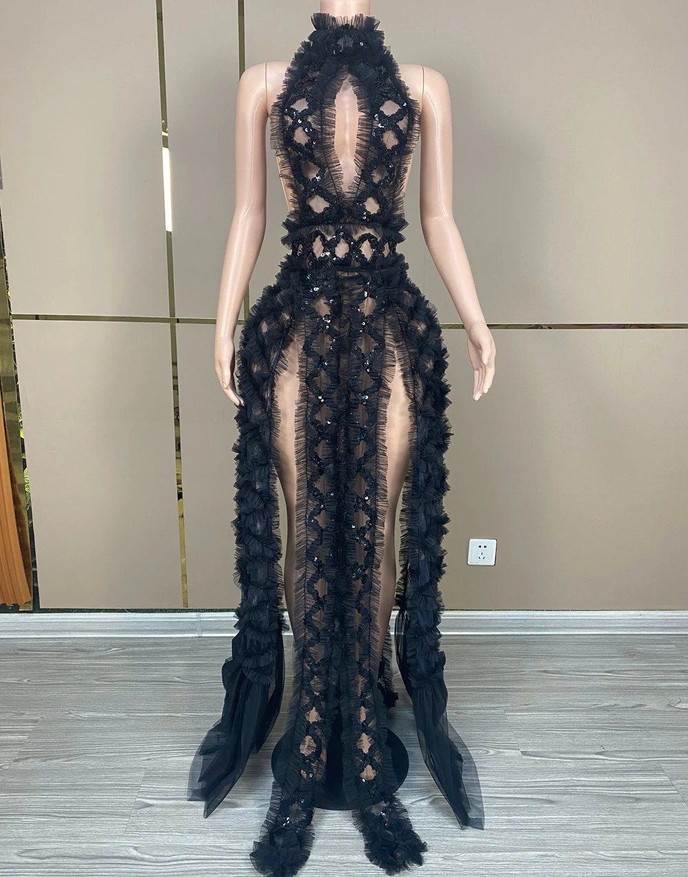 Sexy Blackless Mesh Sequins Party Birthday Dress Prom Pregnant Photo Shoot Wear Women High Slit Performance Costume Show Wear