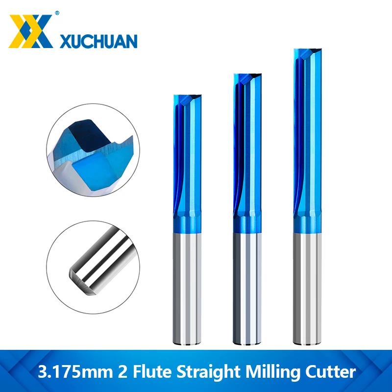 3.175mm Shank 2 Flute Straight Milling Cutter CNC Router Bit for Wood MDF Plastic 4-32mm Nano Blue Coated Carbide End Mill