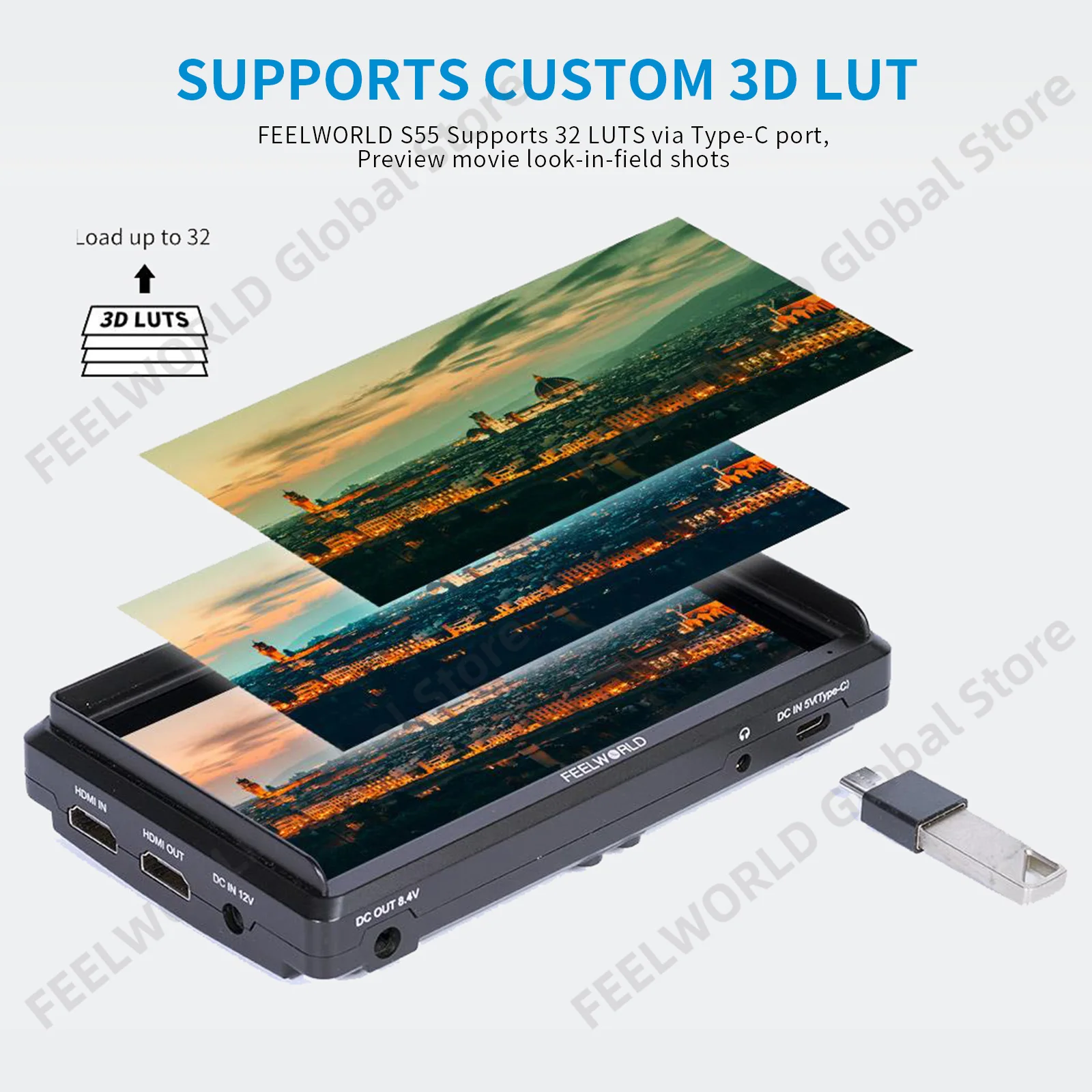 FEELWORLD 5.5นิ้ว4K แบบพกพากล้อง DSLR Field Monitor HDMI อินพุตเอาต์พุตขนาดเล็ก Full HD 1280X720 IPS tilt Arm Power S55