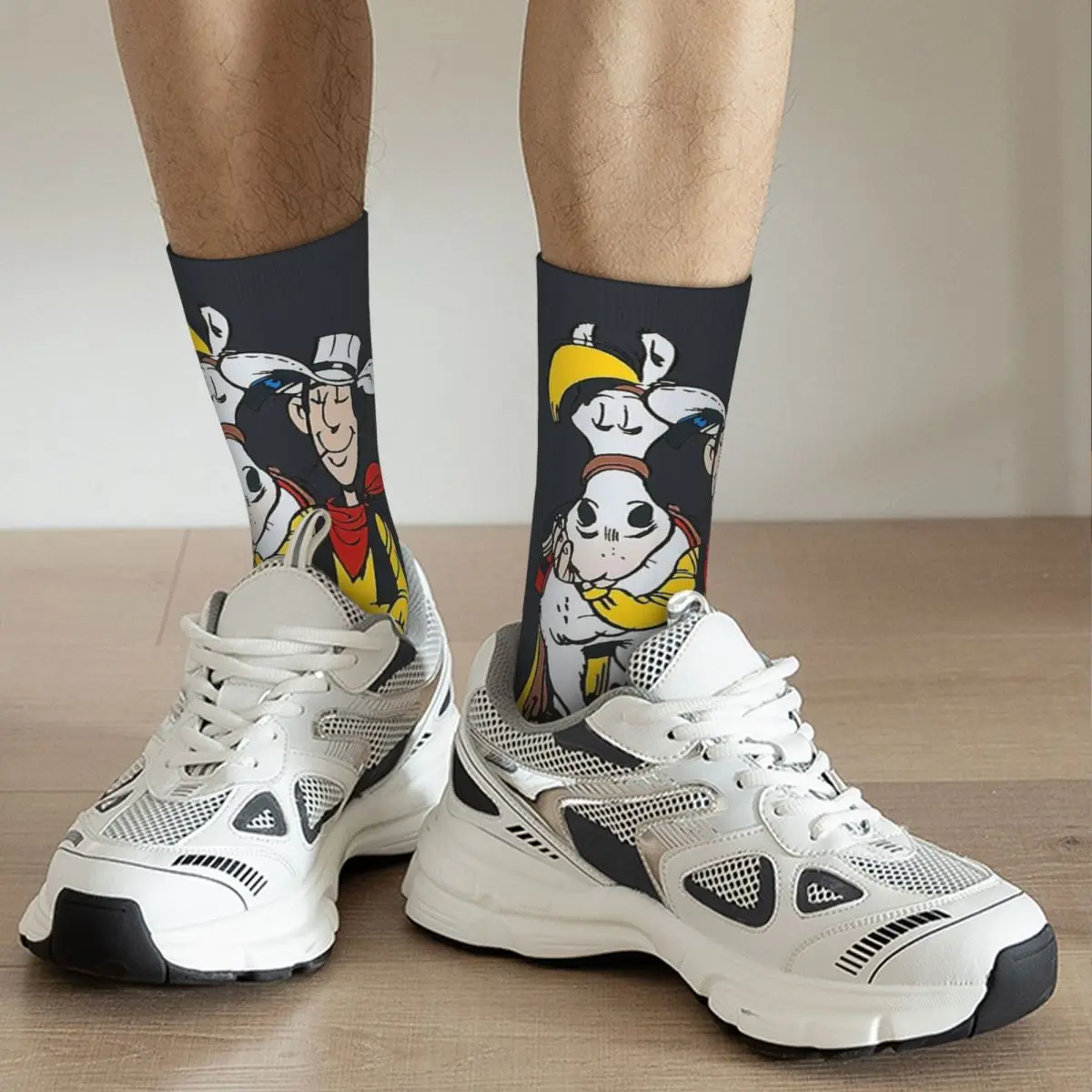 Chaussettes de compression Vintage Harajuku Lucky Luke pour hommes, drôle et heureux, dessin animé, Hip Hop, nouveauté, motif d\'équipage, chaussette