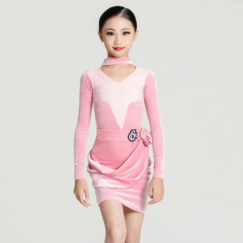 2023 New Long sleeved Latin Dance Suit Autumn/Winter Pink Advanced Girls Training Performance Dance Suit Set