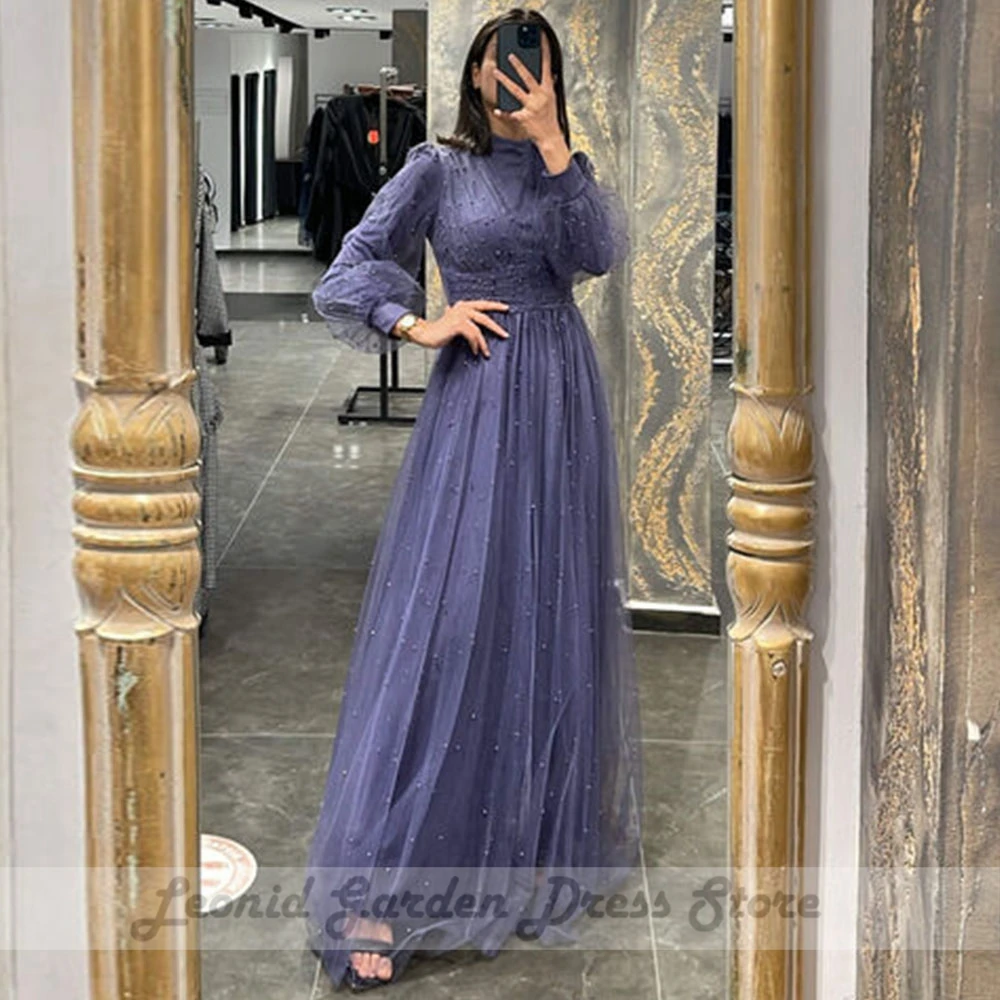 Purple Evening Dresses 2023 Women Floor Length A-Line Puffy Full Sleeve O Neck Pearls Tulle Wedding Guest Gowns Zipper Back