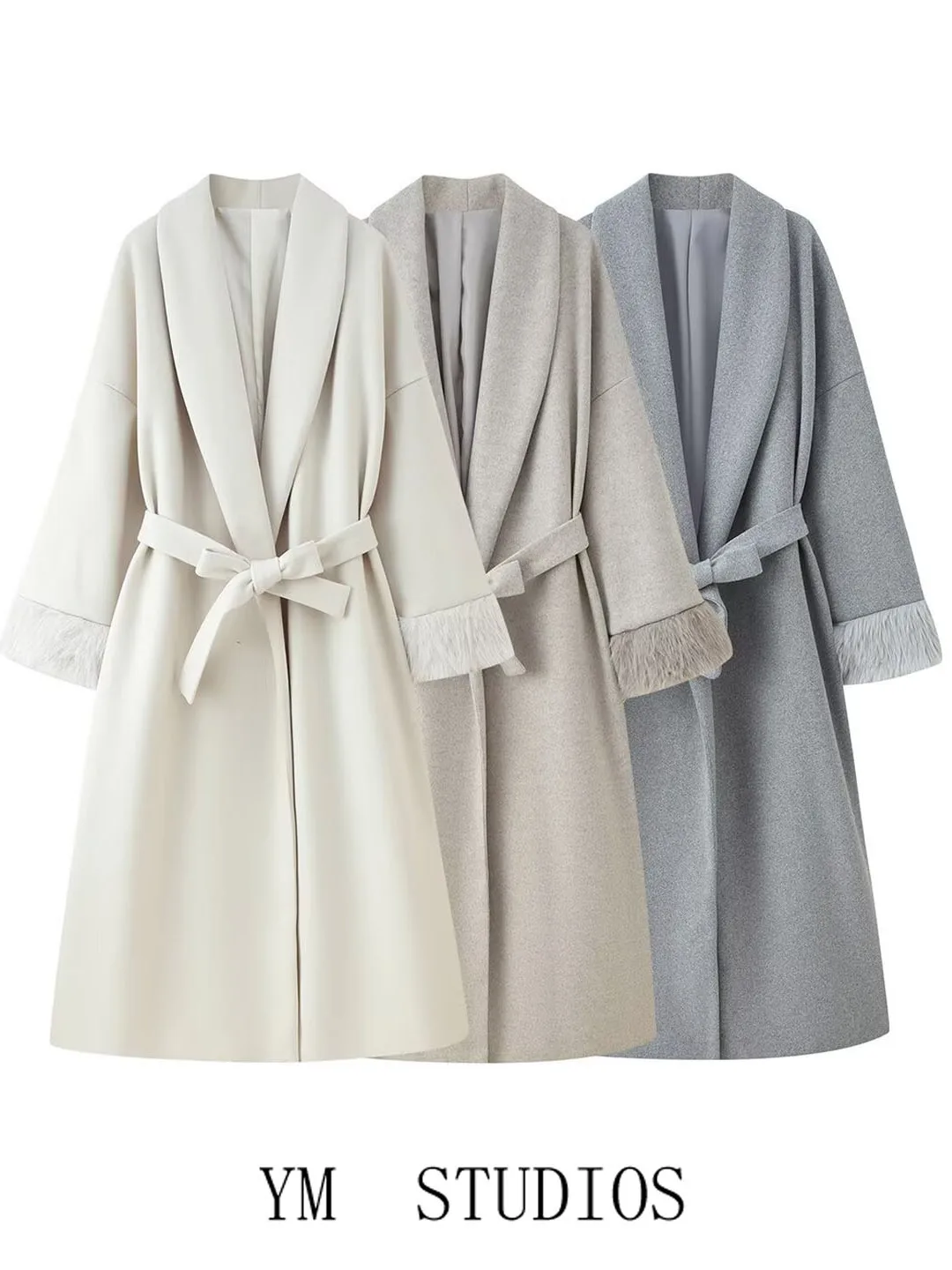 

Женское длинное шерстяное пальто Ele с поясом, уличный стиль, роскошное, с меховыми вставками, тонкое, зимнее, повседневное