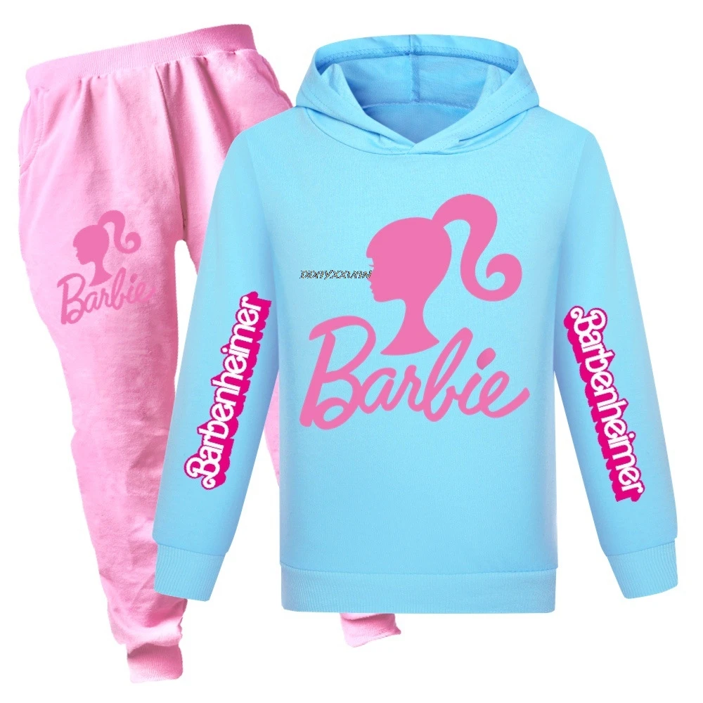 Hot Barbie Cute Clothes Kids Hooded Sweatshirt + SweatPants 2pcs Sets Boys Cartoon Hoodies Teenager Girls Casual Outfits A