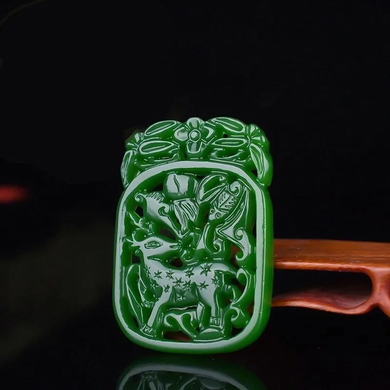 

Green Handmade Hollowed Out Carved Sika Deer Jade Pendant, Fashionable Boutique Jewelry, Men's and Women's Deer Necklaces