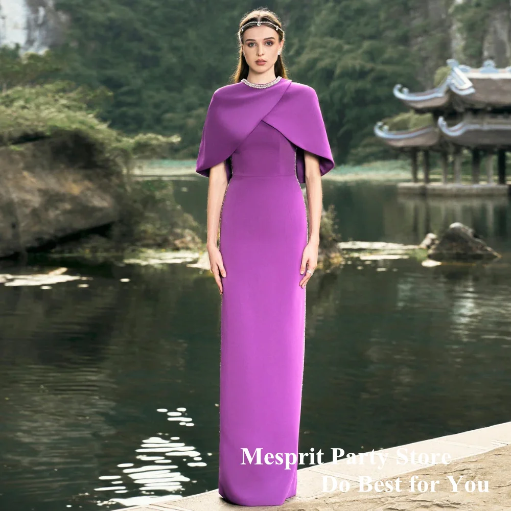 Saudi Arab Purple Prom Dress Round Neck Beading Rhinestones Straight Back Middle Slit Formal Evening Dresses Lady Party Gown