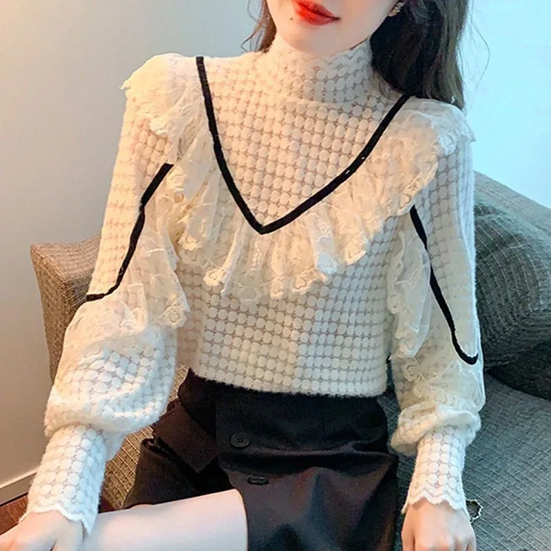 Fleece Lined High Neck Ruffle Blouse Women Autumn Winter Bell Sleeve Lace Elegant Warm Top S-6XL view 2