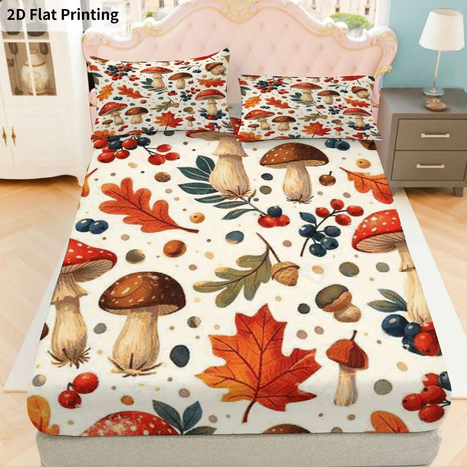 Mushroom Autumn Forest Bedding Set, Thanksgiving Theme, Mattress Protector Three-Piece Bedding Set (Includes 1 Fitted Sheet + 2 Pillowcases) 3-Piece Set, Large Capacity Deep Pocket 2D Printed Fitted Sheet and 2 Pillowcases, Bedding Mattress Protector, Fitted Elastic Style, Protective Cover, Mattress Protector, Suitable for All Seasons, Machine Washable Design, Holiday Decoration, Various Sizes, Breathable Protective Cover with Pillowcases