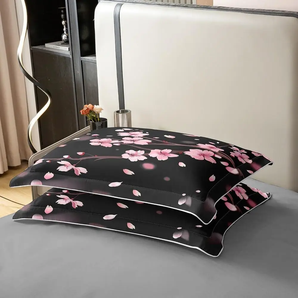 Set Sprei Katun 100% Motif Bunga Sakura Jepang Warna Pink dan Hitam