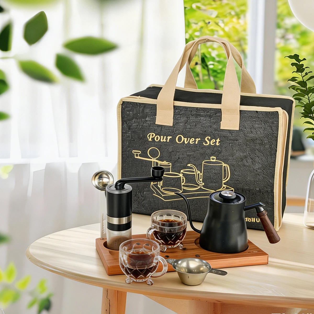 7-Piece Coffee Machine Set Pouring Cup Coffee Pot Grinder Filter Paper Wooden Board Suitable for Household Outdoor Camping