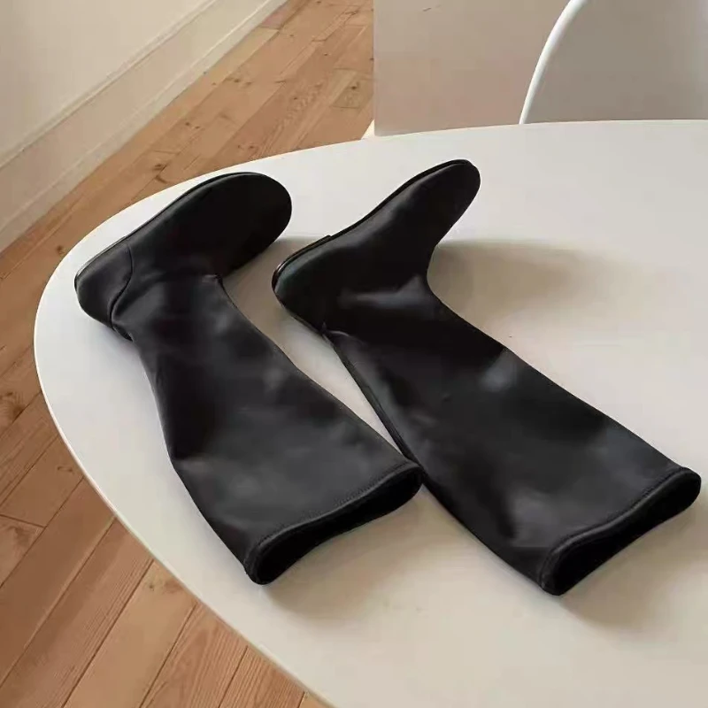 2025 New Women High Boots Flats Leather Shoes Fashion Winter Chelsea Knight's Boots Party Brand Woman Shoes Casual Botas Mujer