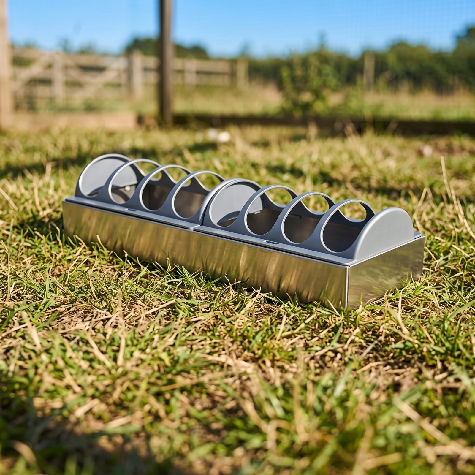 Chicken Feeder with Slotted Cover Metal Chicken Feeder with Lid Poultry Feeding Trough Easy-to-Clean Sturdy view 5