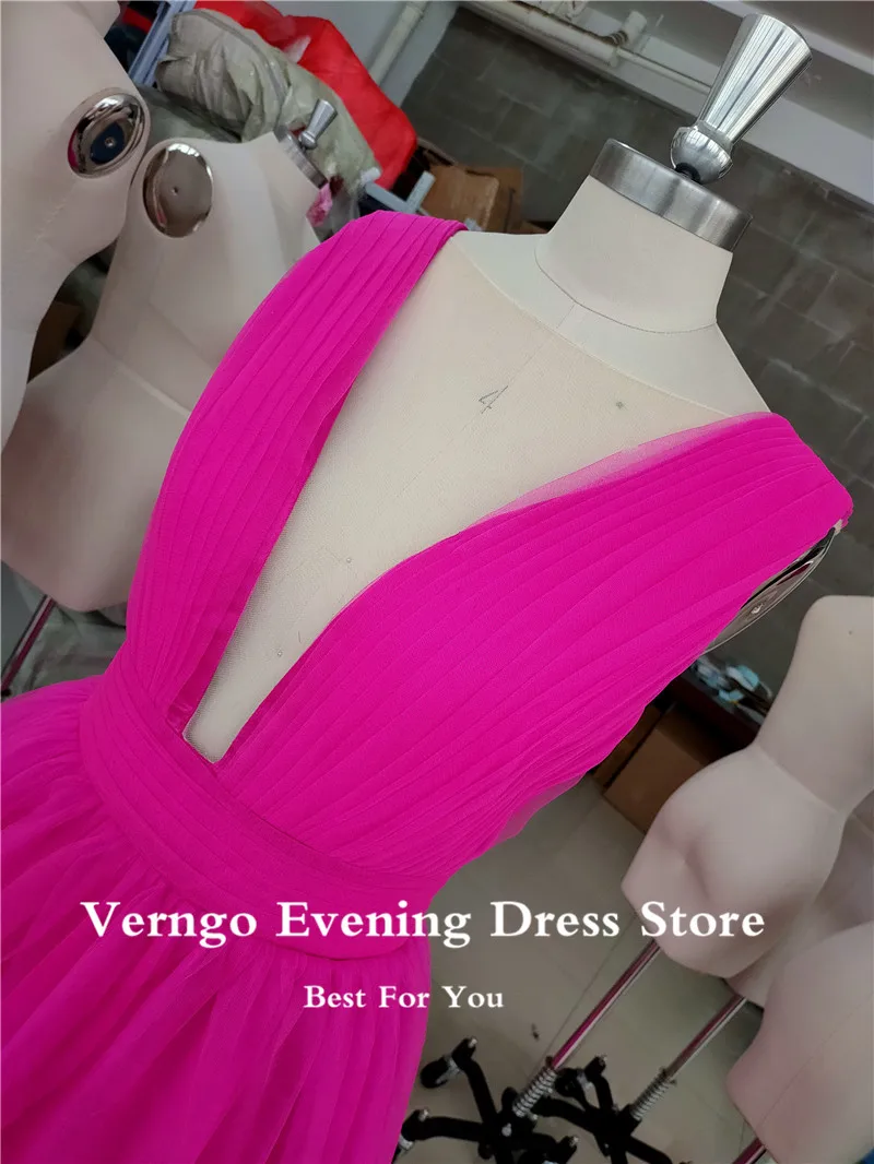 Verngo Elegant Fuchsia Tulle A Line Prom Dresses Sexy Deep V Neck Floor Length Open Back Long Simple 2021 Evening Gowns