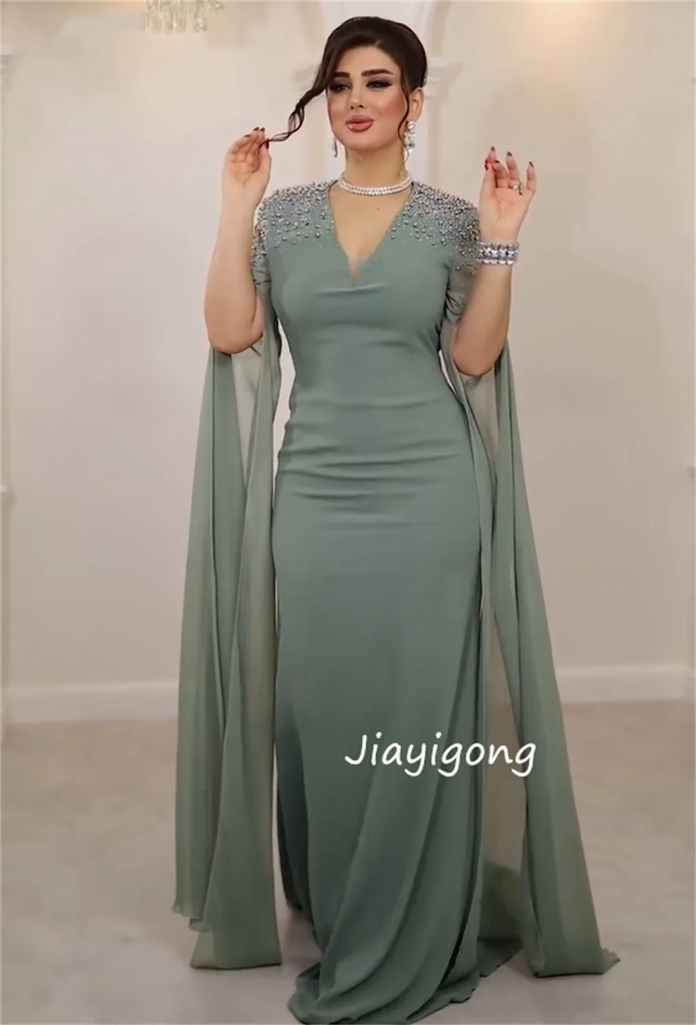 Customized Formal Jersey Sequined Pleat Straight V-neck Long Luxury Party Dresses Chinese Style High Quality