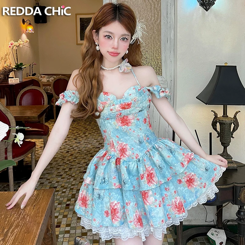 REDDACHiC Lolita Floral Mini Evening Dress Women Tiered Ruffle Lace Trim One-piece Tutu Gown Princess Puffy Prom Party Clothes