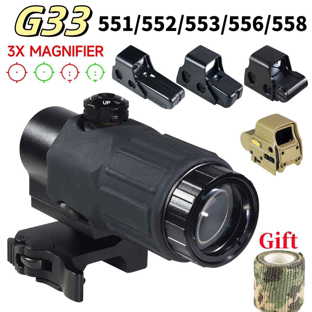 

Tactical G33 3X Magnifier Sight Scope Folding Side Flip for 558 556 553 Holographic Reflex Red Dot Sights Airsoft Shooting Sight