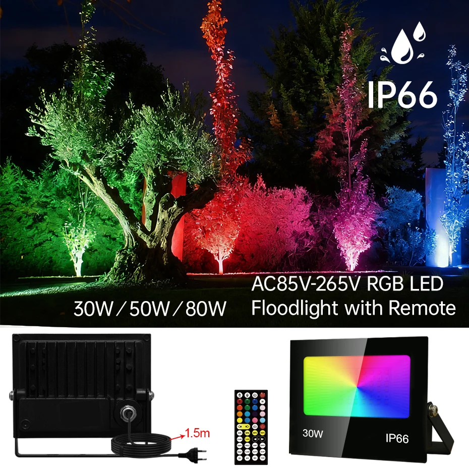 30w-50w-80w-rgb-led-floodlight-ac85-265v-ip66-waterproof-outdoor-reflector-spotlight-with-eu-us-au-uk-plug-ir-remote control