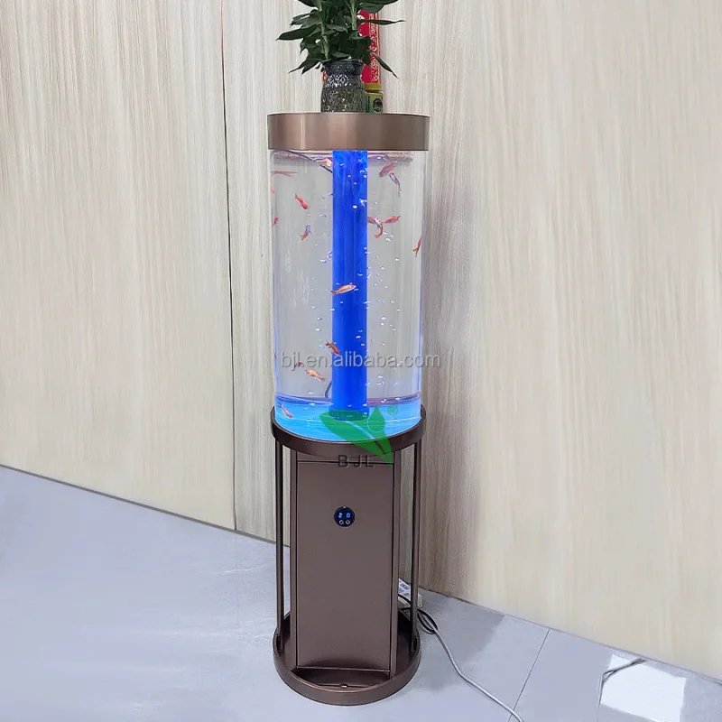 custom.Luxury Modern Led Transparent Round Aquarium Fish Home Office Decoration with Rose Gold Color Stainless Steel Base