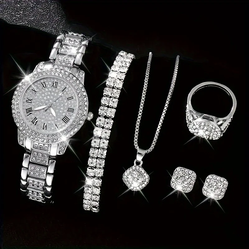 Glamorous 6pcs/set Womens Luxury Rhinestone Quartz Watch with Rome Numerals - Stylish Analog Wrist Jewelry Set,