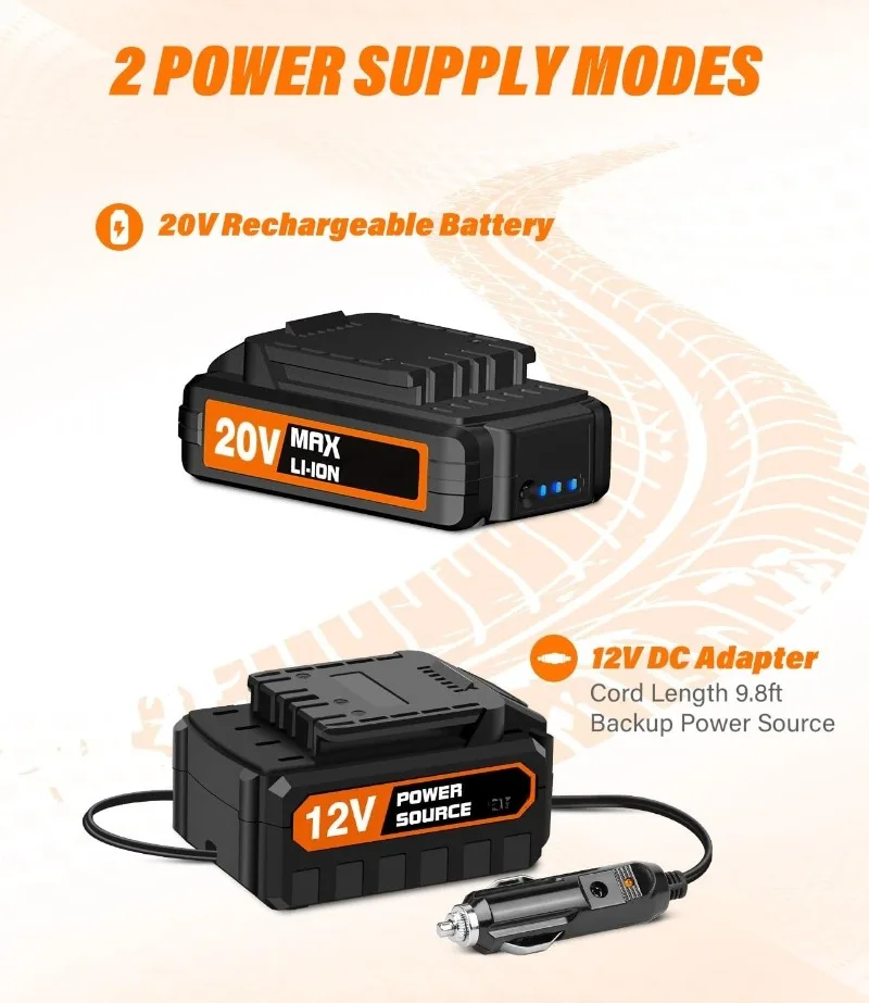 Compressor de ar portátil do inflador de pneus, bomba sem fio do pneu do carro de 20v com bateria recarregável do li-íon, adaptador de alimentação do carro 12v