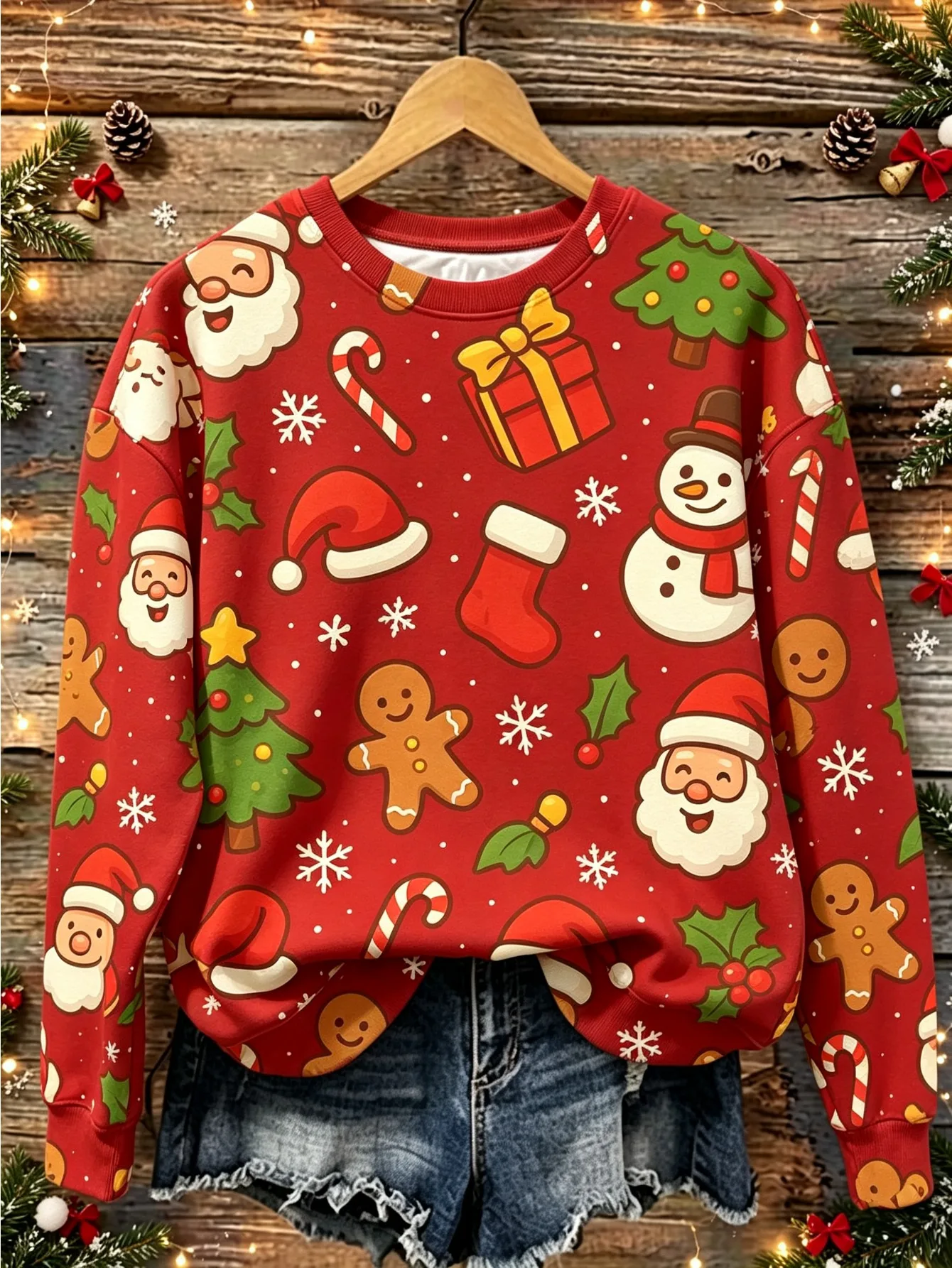 Women Long Sleeve T-shirt Round Neck Santa Claus Christmas Bauble Snowflake Print Holiday Casual Tops Women's Clothes