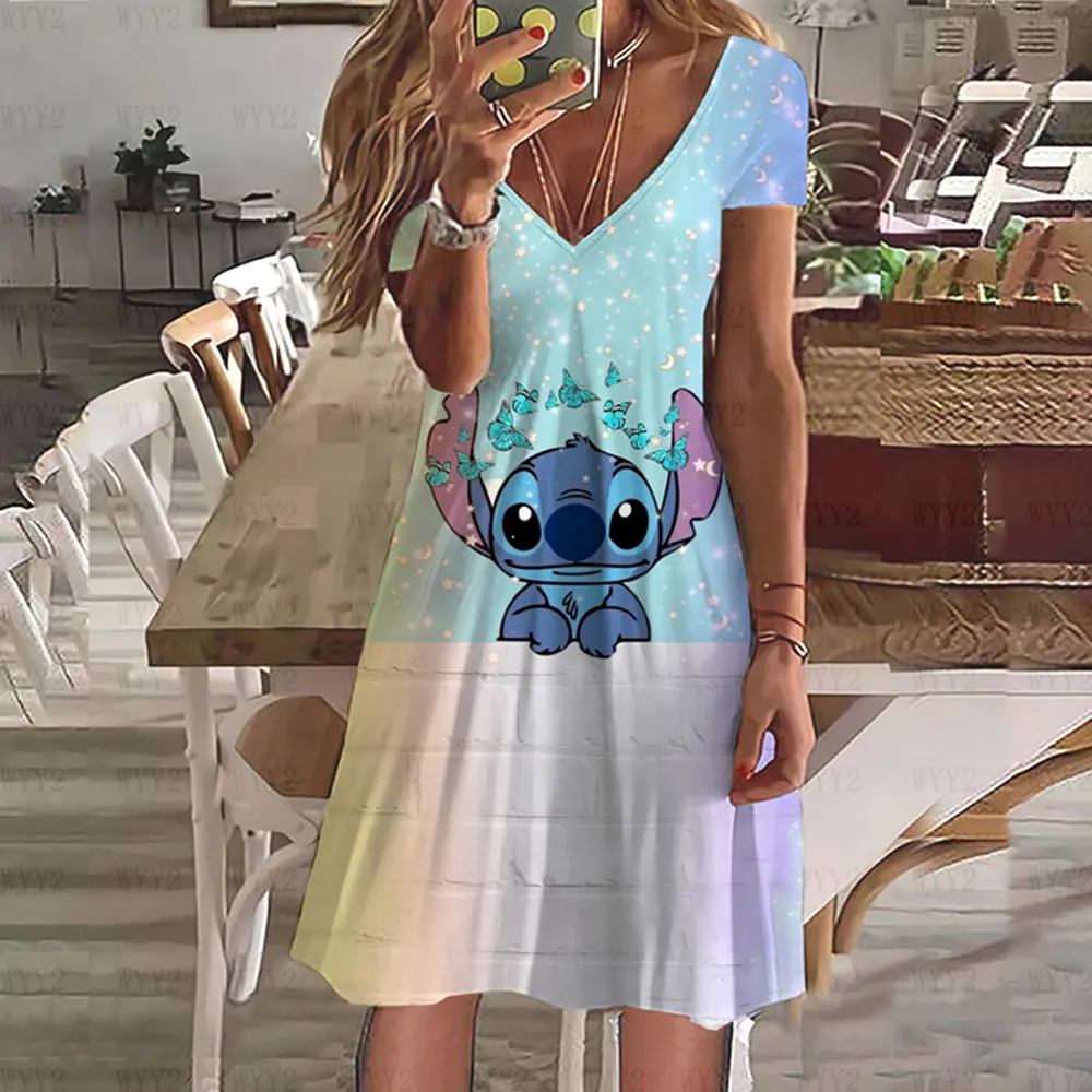 Zomer dames casual losse comfortabele jurk Disney Stitch print 2024 nieuwe eenvoudige mode damesrok