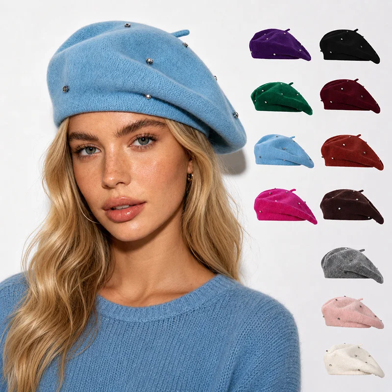 Strass-Baskenmütze für Damen, Herbst-Winter, Vintage Französische Künstlermütze, Wollmischung, Funkelnde Malermütze für Teenager-Mädchen