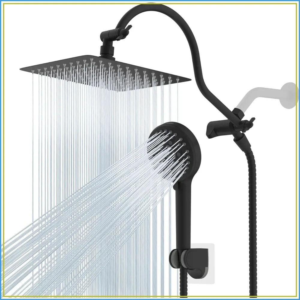 

All Metal High Pressure Rainfall 10'' Shower Head, CUPC Certified Handheld Combo, 12'' Adjustable Extension Arm, 10-Spray, 71'' Hose, Adhesive Holder, Matte Black