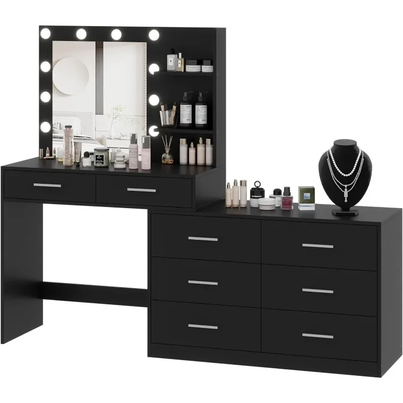 Vanity Desk with Mirror and 3-Color Lights, 8 Drawers Vanity Table with Side Storage Shelf, Dressing Table, Adjustable Width