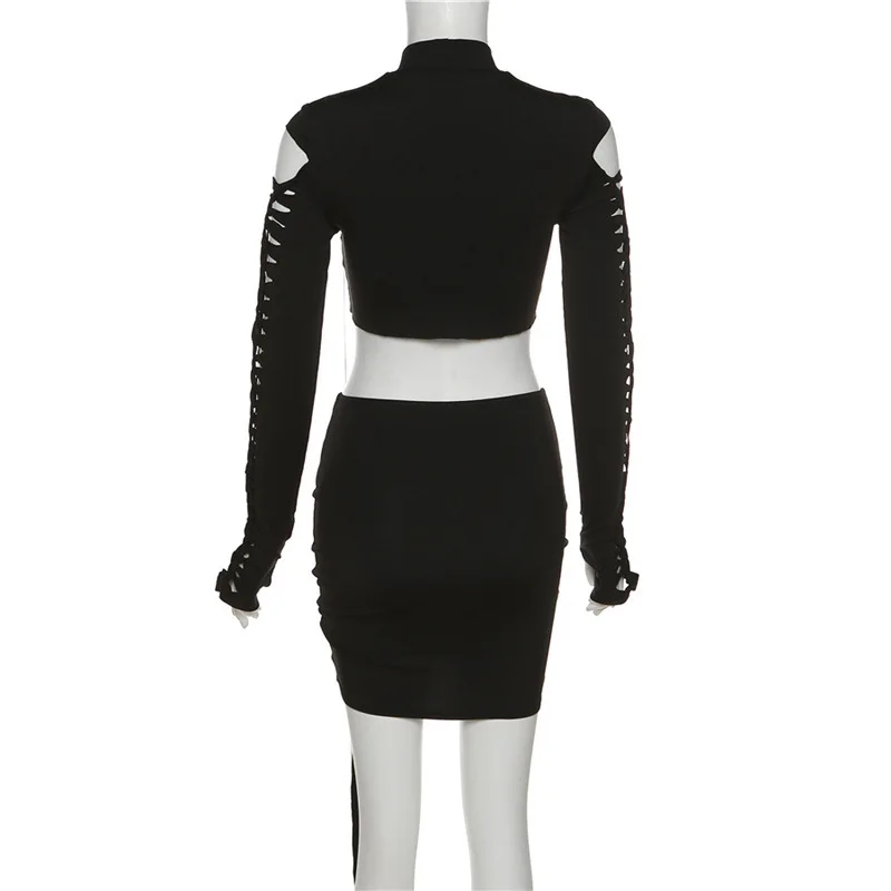 New autumn women's fashion round-neck long-sleeved hollowed-out T-shirt and a slimming, hip-hugging skirt set