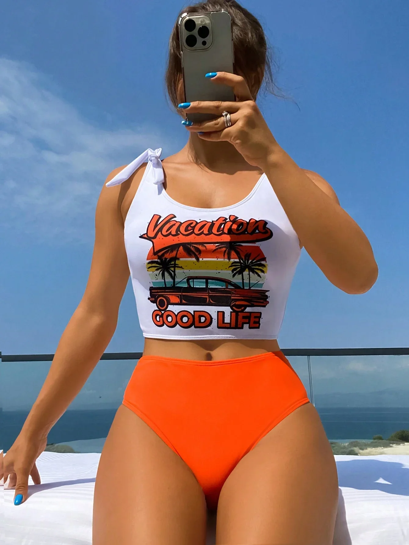 

Women Vacation Good Life Graphic Tie Shoulder Tankini Set