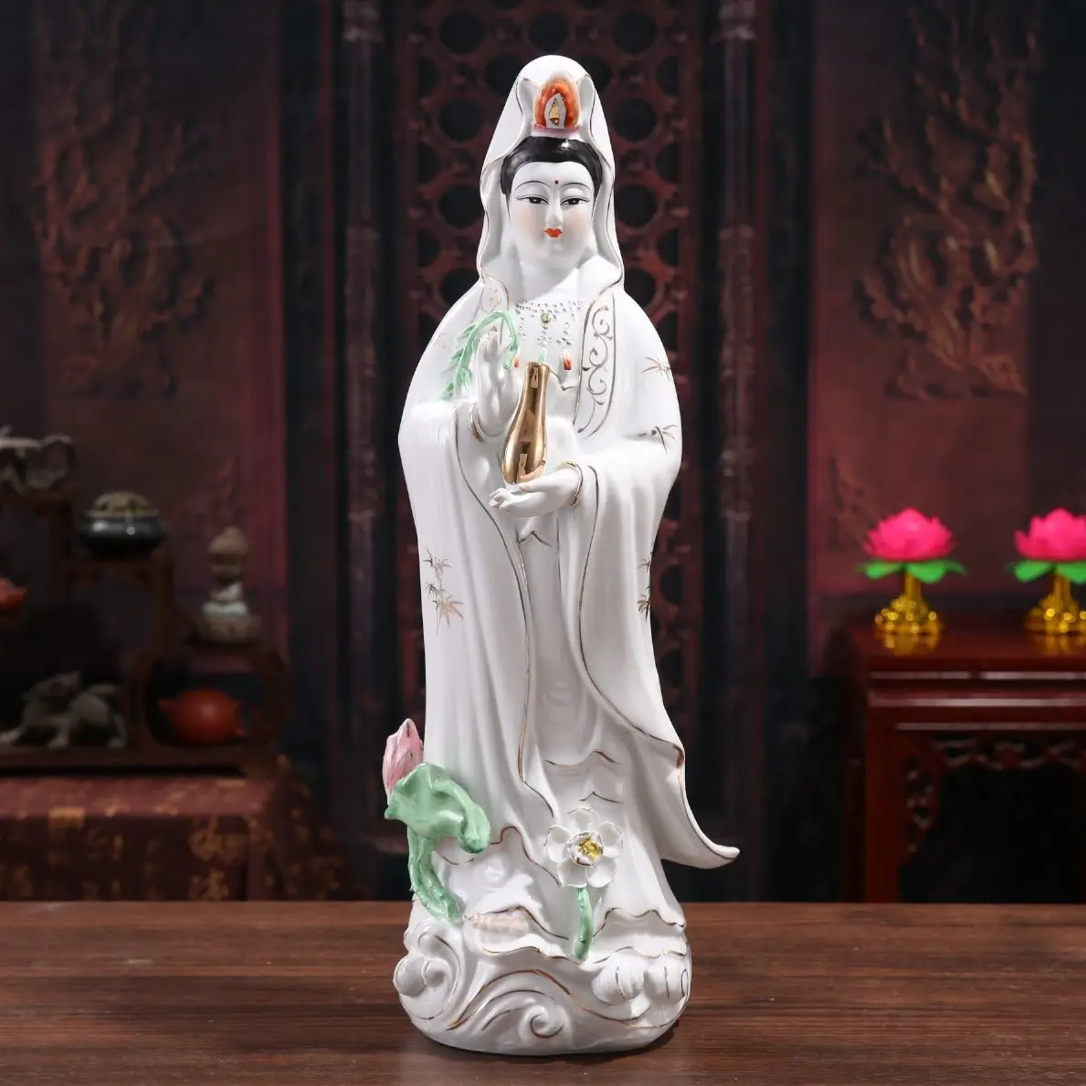 White Porcelain Guanyin Avalokiteshvara Buddha Sculpture Ceramic Ornament Kwan-yin Bodhisattva Statue 35cm Height