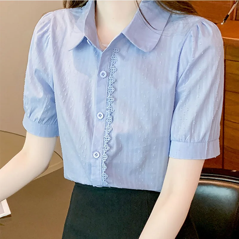 2024 New Summer Office Lady Loose Casual Retro Korean Style Women\'s Shirt 100%cotton Lace Splicing V Neck Short Sleeve Chic Tops