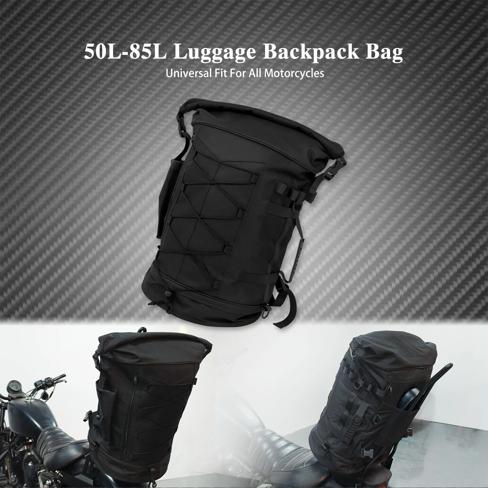 MOtorcycle Universal 50L - 85L Travel Luggage Sissy Bar Black Bag Molle Backpack For Harley
