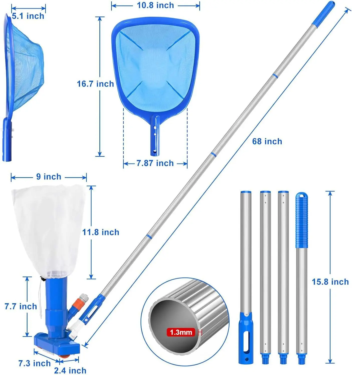 New PVC Telescopic Rod Set with Bottom Brush Cleaner Jet Nozzle Swimminpool Pool Vacuum Cleaner Tools & Accessories