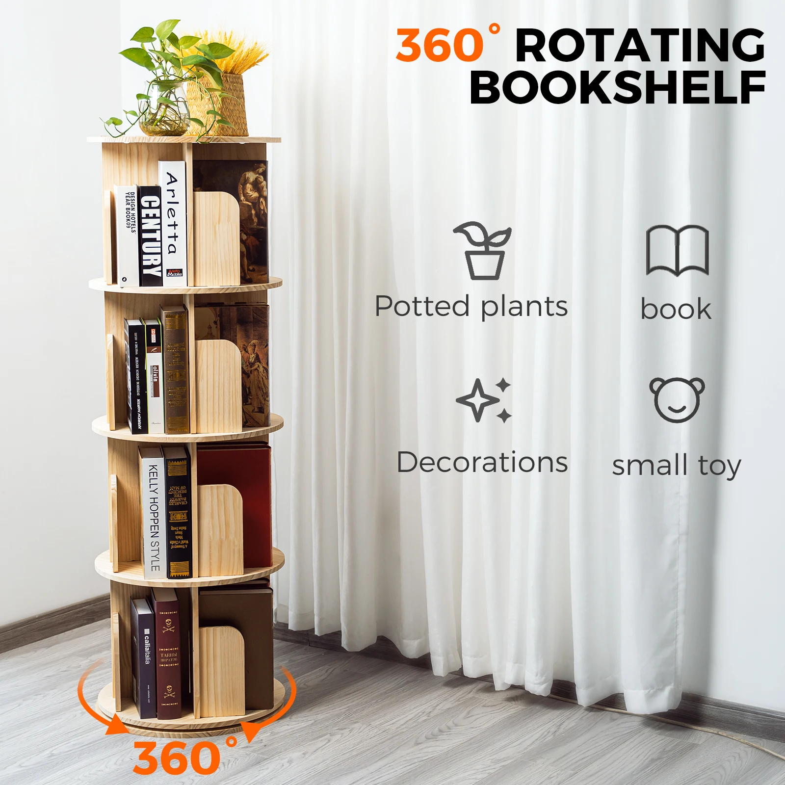 5/4 Tier Rotating Bookshelf Wooden Floor Standing Bookcase Modern 360° Revolving Storage Display Rack Corner Book Organizer