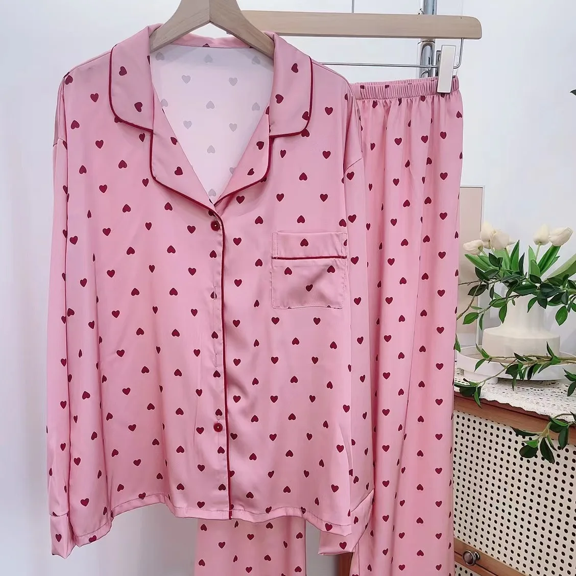 Pink Print Pajamas Suit 2Pcs Long Sleeve Homewear Women Rayon Pyjamas Nightwear Lapel Outfit Casual Shirt&pants Loungewear