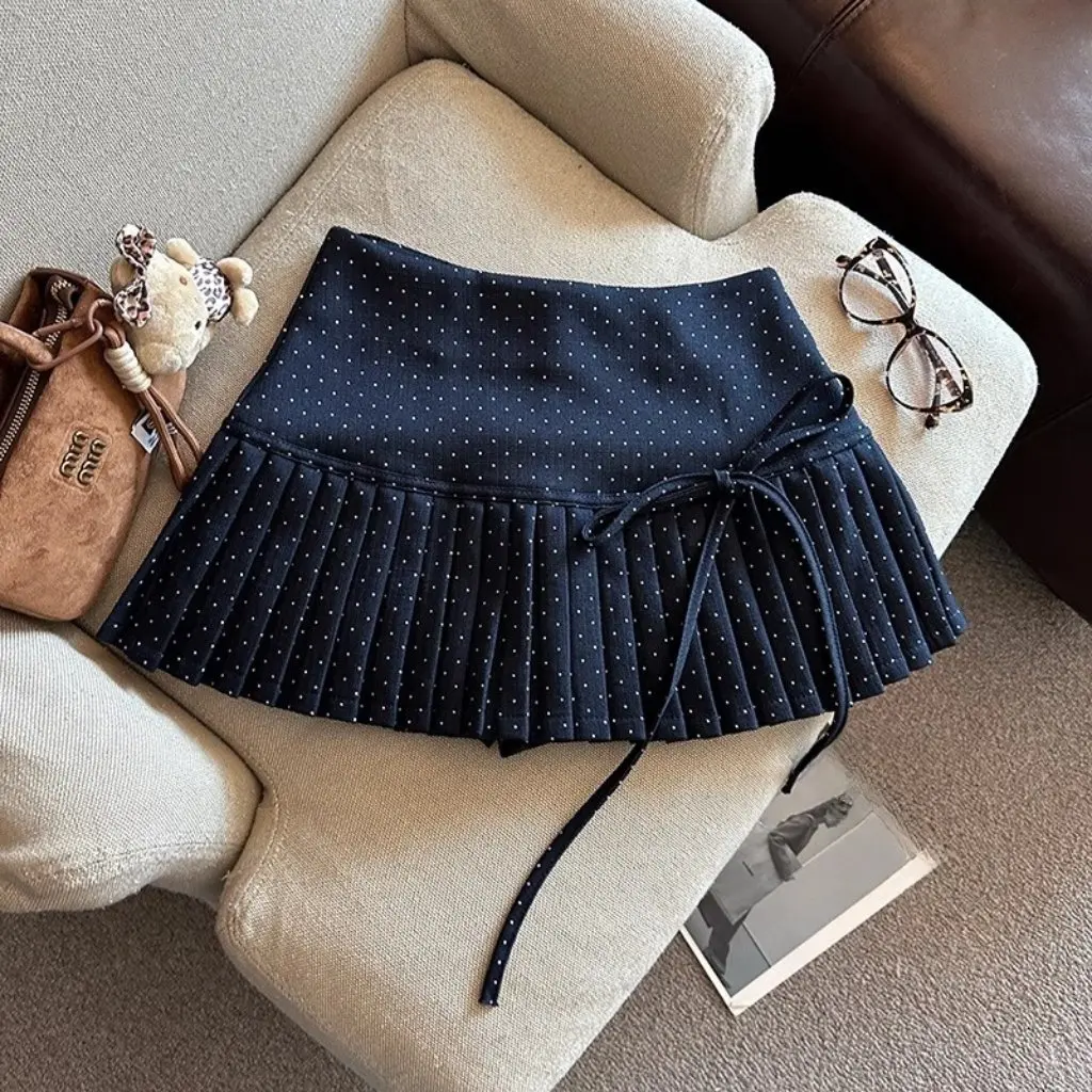

Women's College Style Wave Dot Pleated Skirt Short A-Line Skirt with Bow Tie Small Red Summer Fashion