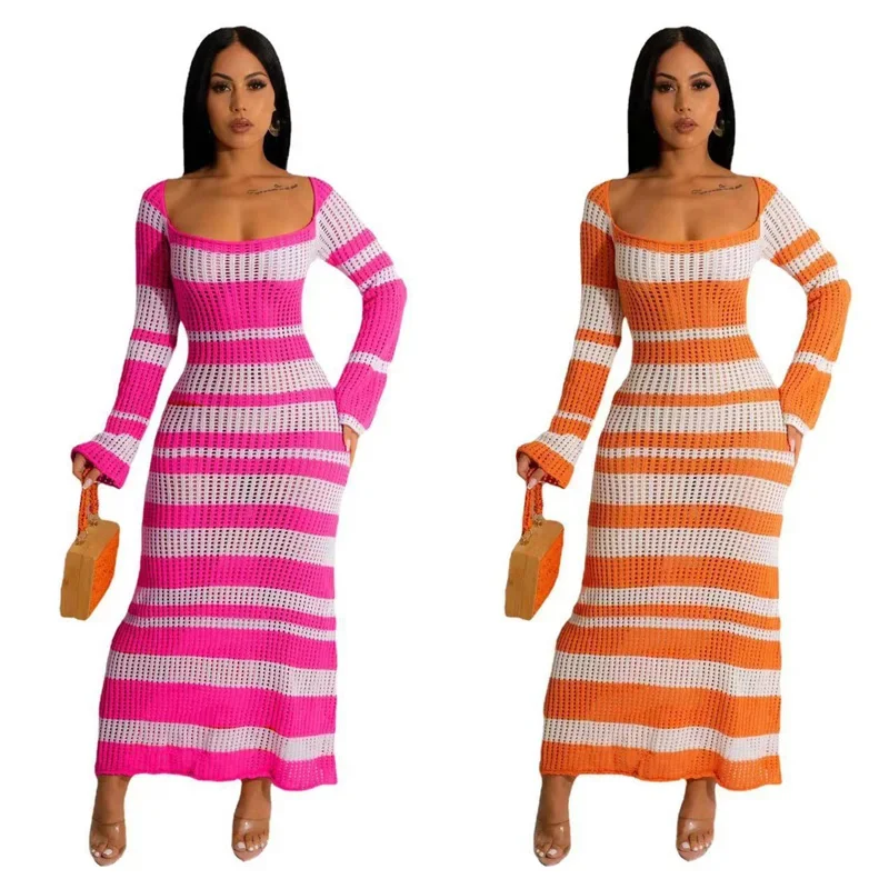 

Tossy Knit Hollow Out Contrast Long Dress Female Slim Long Sleeve High Waist Striped Dress Loose Knitwear Elegant Party Dress