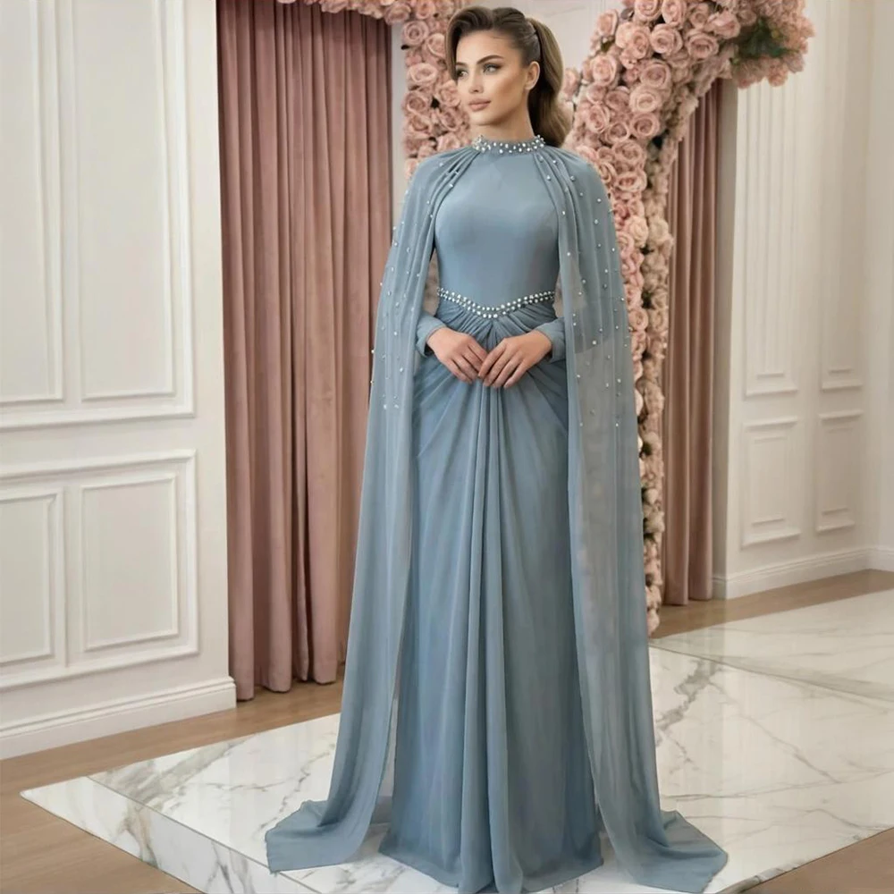 

Customized Luxury Evening Dress Pearl High Collar Long Sleeves Evening Gowns for Women Pleated Wrap Modest Wedding Party Dresses