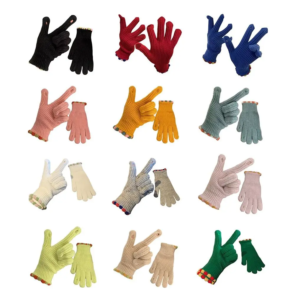 Guantes de punto con forro polar para estudiantes, guantes de ciclismo gruesos a prueba de viento, guantes de invierno sin dedos de Color sólido para ciclismo